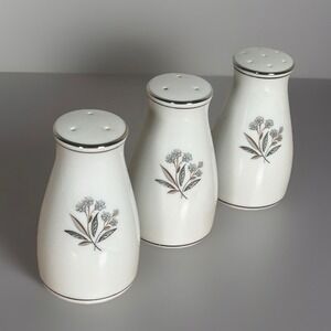 Noritake Japan Bluebell Bessie Salt Pepper Shakers White Platinum Trim Set/3 VTG